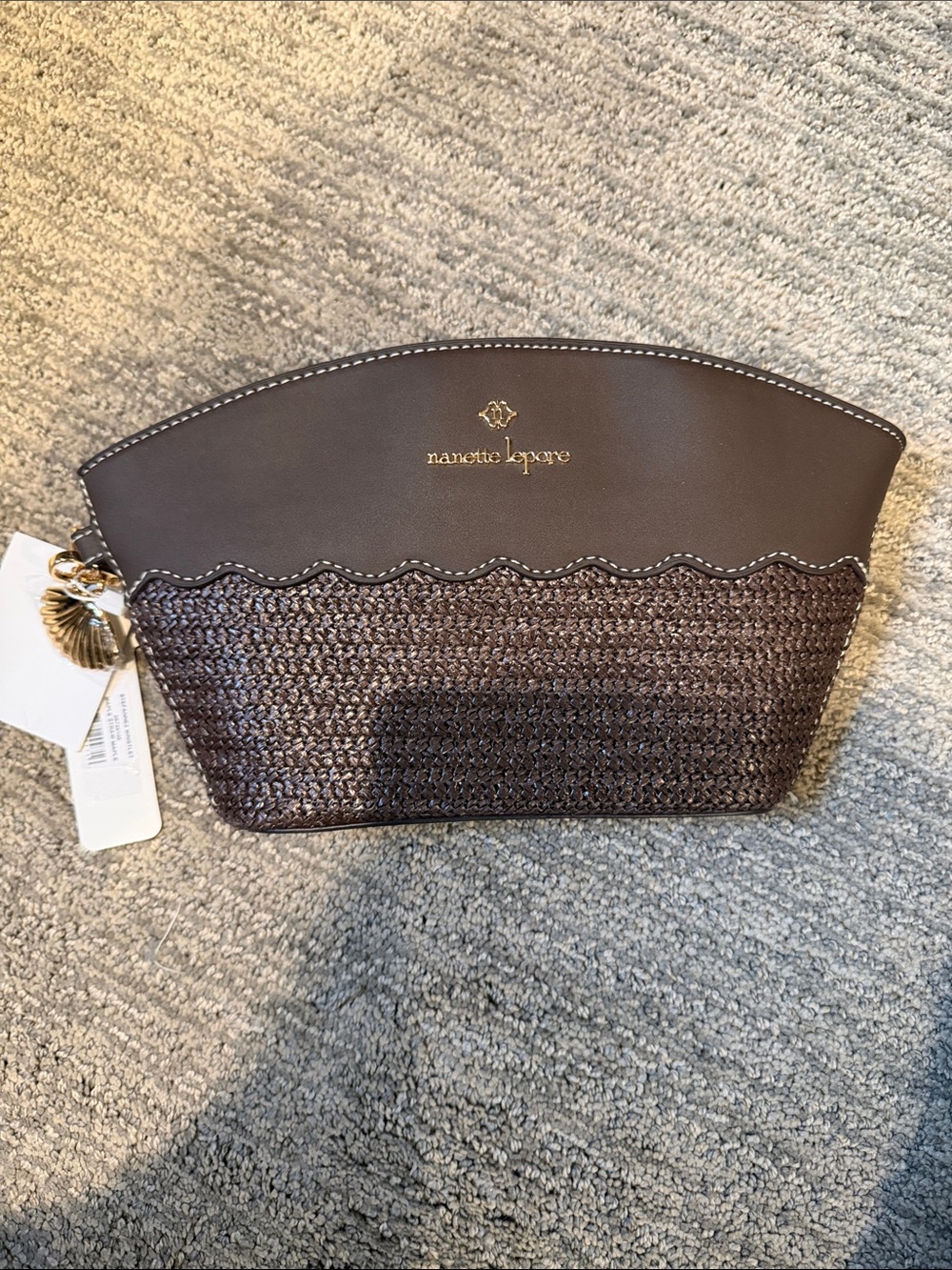 Nanette Lepore Brown Scalloped Straw Cosmetic Pouch with Gold Accent
